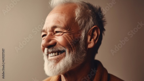 An elderly man smiling joyfully in natural, neutral clothing against a serene background. Geenrative AI