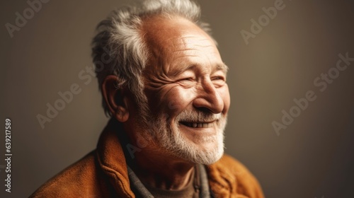 A joyful senior man in gray, neutral attire poses on a plain backdrop. Generative AI