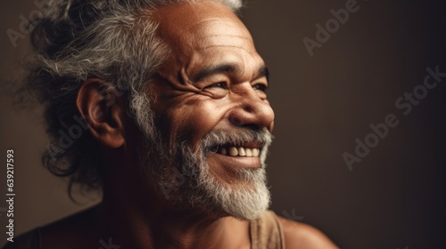 An elderly man smiling joyfully in natural, neutral clothing against a serene background. Geenrative AI