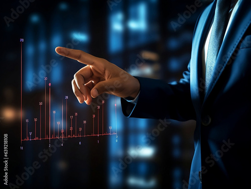 business man pointing market graph on background stock photo, in the style of atmospheric mood, impressionist luminosity, high quality photo,