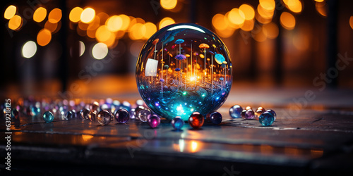 Glas Kugel mit fabelhafter Farbexplosion und Lichter Bokeh im Hintergrund  ai generativ
