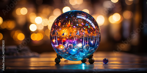 Glas Kugel mit fabelhafter Farbexplosion und Lichter Bokeh im Hintergrund, ai generativ