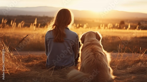 Photo of a woman and her dog enjoying the outdoors in a peaceful field