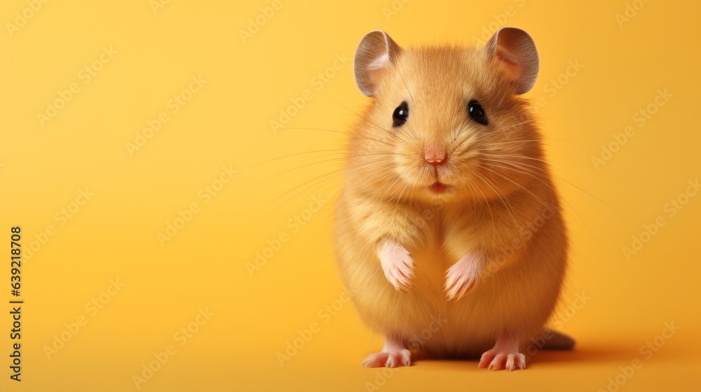 Photo of a hamster standing on its hind legs against a vibrant yellow backdrop