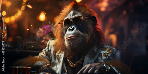 Schimpanse im Disco Anzug und schönen Glanzlichter im Hintergrund, ai generativ