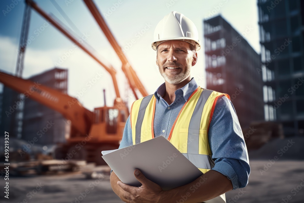 Smiling engineer with blueprint at construction site. Photo generative AI Smiling engineer with blueprint at construction site. Photo generative AI