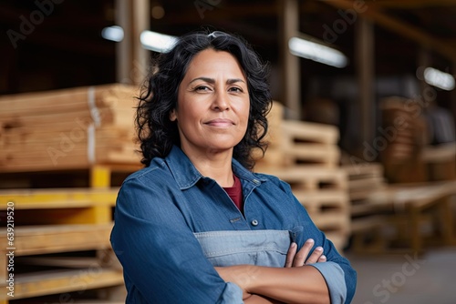 Woman at lumberyard, arms crossed, looking at camera, shelves of lumber in background. Photo generative AI