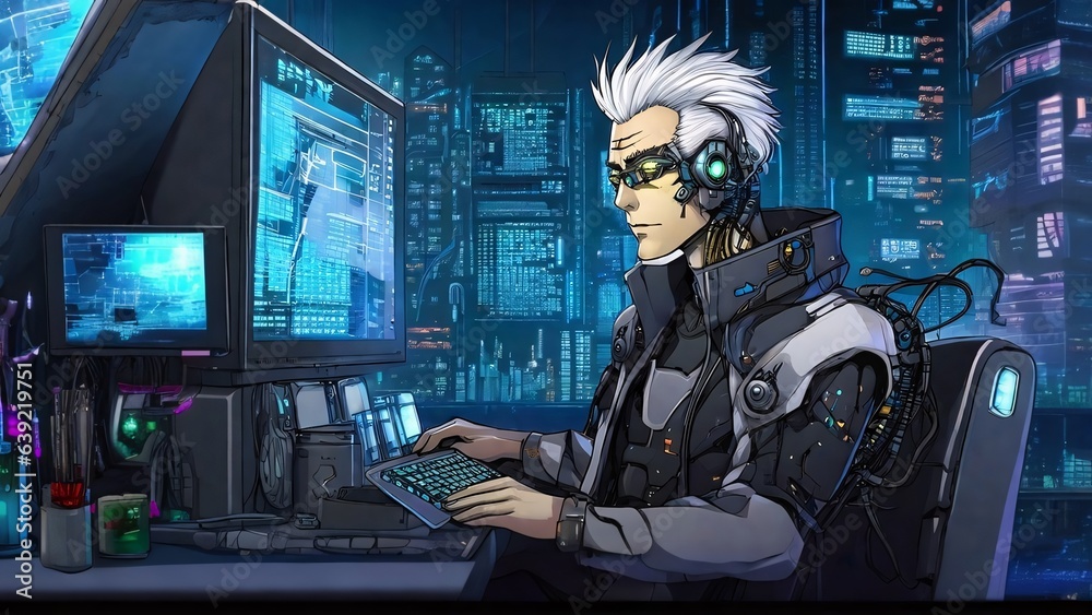 Person with computer, manga art.