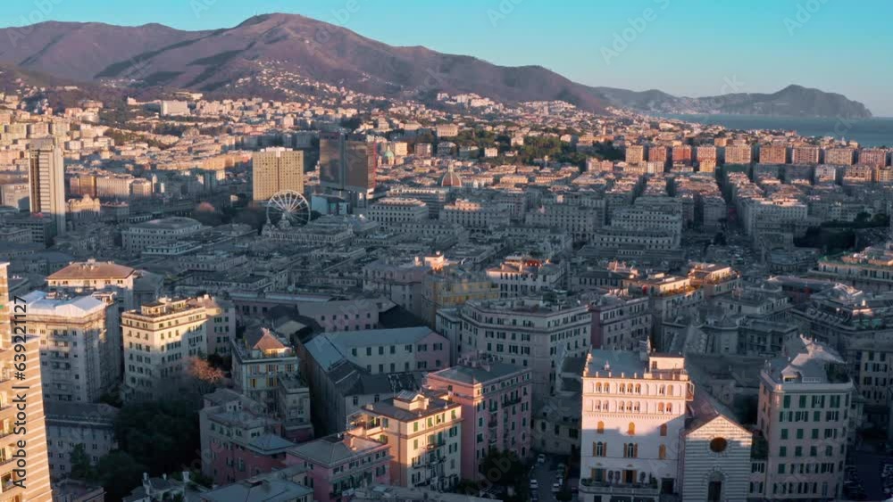 Aerial pullback with Genova skyline view, unique Genoese architect Aerial pullback with Genova skyline view, unique Genoese architect