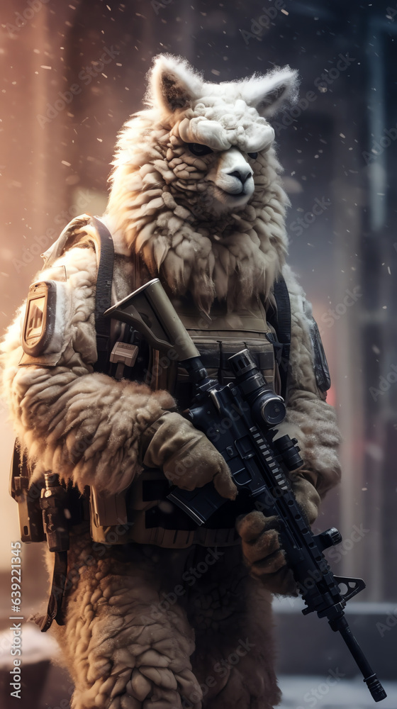 Alpaca animal soldier with rifle. Generative AI