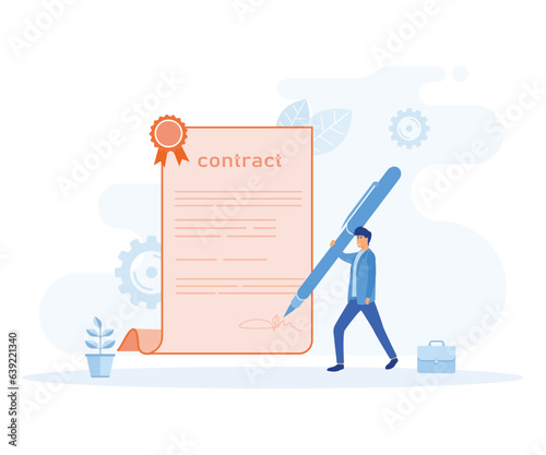 Business contract concept, Character signing legal document,  reading contract terms and conditions. flat vector modern illustration
