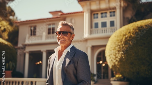 Photo of an affluent middle-aged man in front of her mansion in Beverly Hills