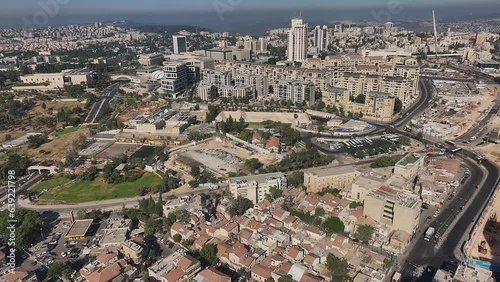 Jerusalem Jaffa street tram light rail train and city street aerial drone view, Israel