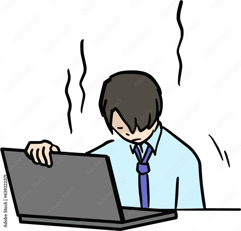 パソコン画面の前で何かをあきらめた残念なスーツ男性のイラスト パソコン画面の前で何かをあきらめた残念なスーツ男性のイラスト