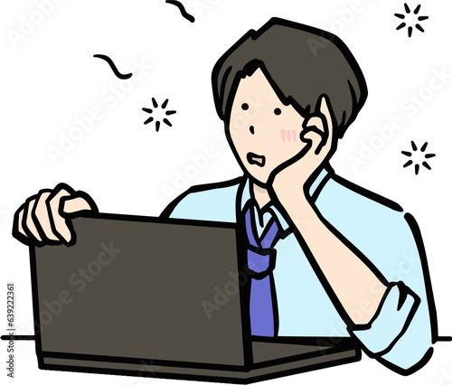 パソコン画面の前でぼんやりしているスーツ男性のイラスト