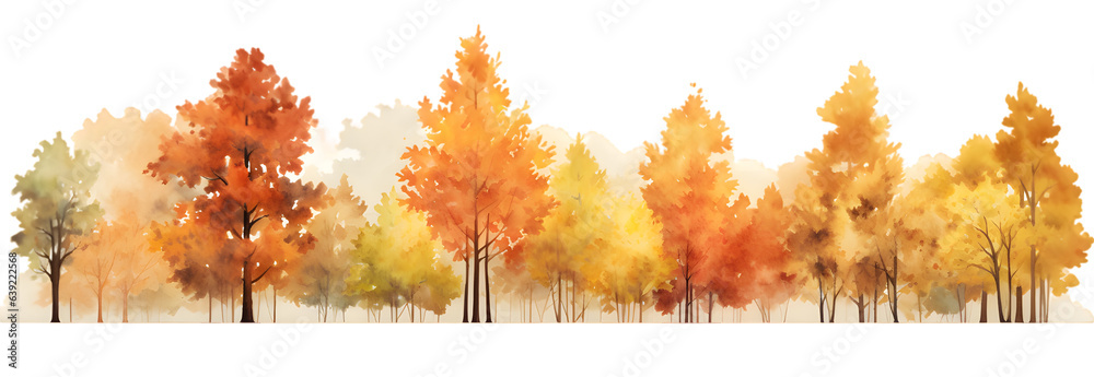 Autumn trees  watercolor horizontal banner isolated on transparent background - obrazy, fototapety, plakaty 