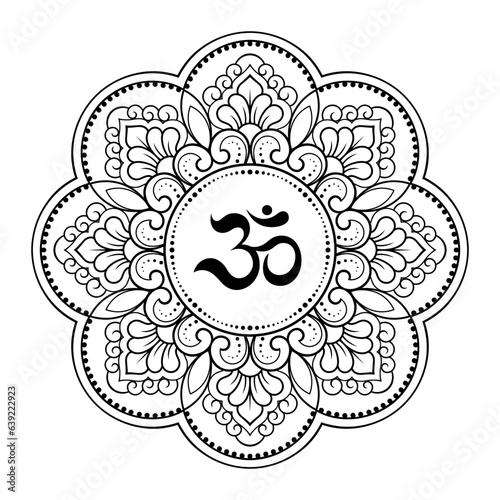 Circular pattern in form of mandala for with flower Henna, Mehndi, tattoo, decoration. Decorative ornament in oriental style with ancient Hindu mantra OM. Outline doodle vector illustration.