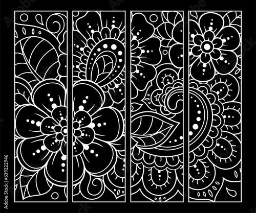 Printable bookmark for book - coloring. Set of black and white labels with flower patterns, hand draw in mehndi style. Sketch of ornaments for creativity of children and adults with colored pencils.