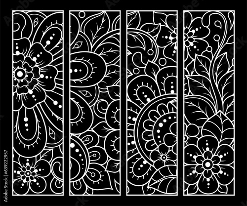 Printable bookmark for book - coloring. Set of black and white labels with flower patterns, hand draw in mehndi style. Sketch of ornaments for creativity of children and adults with colored pencils.