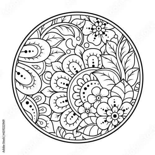 Outline round flower pattern in mehndi style for coloring book page. Antistress for adults and children. Doodle ornament in black and white. Hand draw vector illustration.