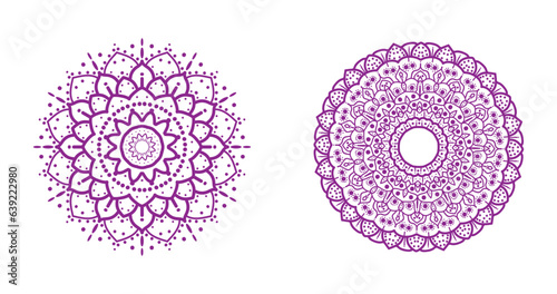 Mandala Vintage decorative elements. 2 sets of mandala in purple color. Oriental pattern, vector illustration. Islam, Arabic, Indian, Moroccan, Spain, Turkish, Pakistan, Chinese, and mystic