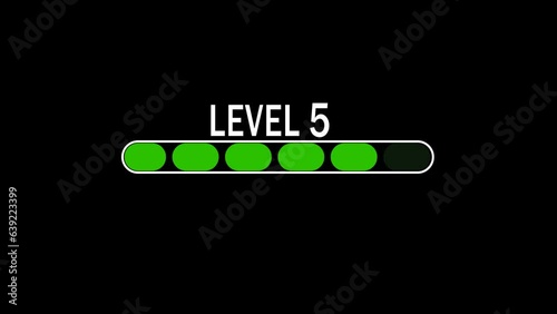 Level increase form 1 to 6 animation with alpha channel. Level bar dashes fill with green color as number increases.