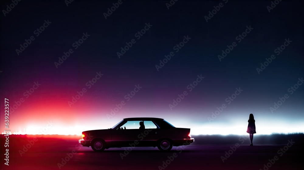 silhouette of a girl and a car in the night