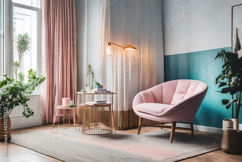 a cozy reading nook with a minimalist armchair and a pop of pastel color