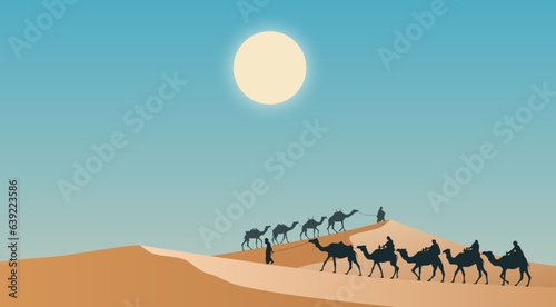 Camels in the desert. Vector illustration of a caravan of camels walking along the dunes in the desert. Template for creativity.