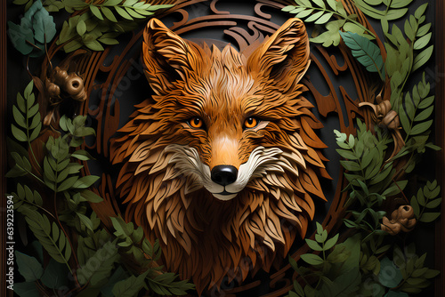  wooden figure of fox in the forest