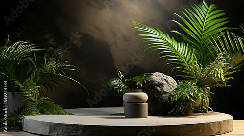 Natural stone pedestal. Stone podium display with green leaves. Copy space nature background. Cosmetics or beauty product promotion mockup. Trendy minimalist  art deco  generative ai