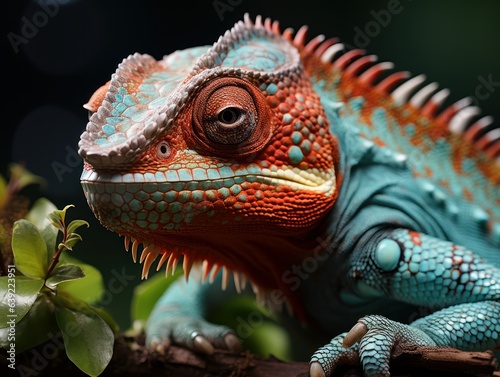 Close up view, chameleon, perched in cocao plant photo