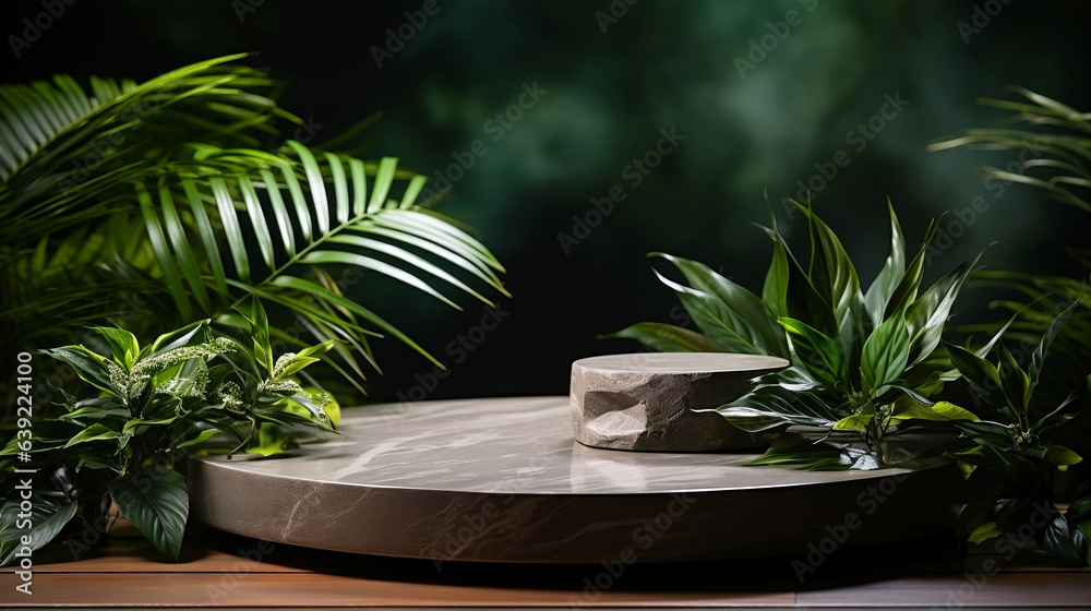 Natural stone pedestal. Stone podium display with green leaves. Copy space nature background. Cosmetics or beauty product promotion mockup. Trendy minimalist, art deco, generative ai Natural stone pedestal. Stone podium display with green leaves. Copy space nature background. Cosmetics or beauty product promotion mockup. Trendy minimalist, art deco, generative ai