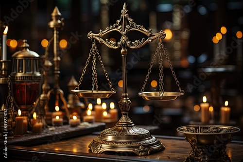 Scales of justice on wooden table in courtroom. 3d render