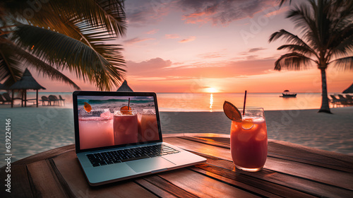 a laptop and cocktail on the beach at sunset.