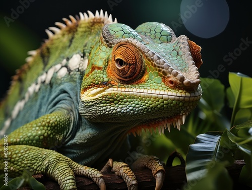 Close up view  chameleon  perched in cocao plant