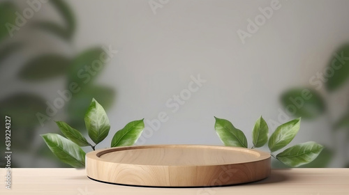Natural wood step pedestal. Wooden podium display with green leaves. Copy space nature background. Cosmetics or beauty product promotion mockup. Trendy minimalist, art deco, generative ai
