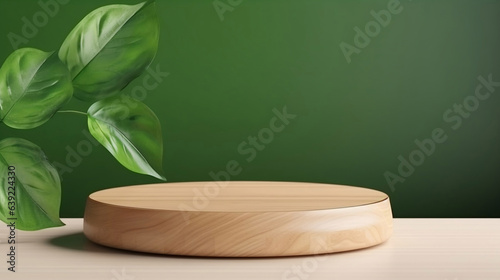 Natural wood step pedestal. Wooden podium display with green leaves. Copy space nature background. Cosmetics or beauty product promotion mockup. Trendy minimalist, art deco, generative ai