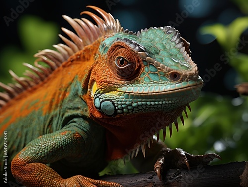 Close up view, chameleon, perched in cocao plant photo