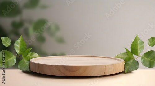 Natural wood step pedestal. Wooden podium display with green leaves. Copy space nature background. Cosmetics or beauty product promotion mockup. Trendy minimalist, art deco, generative ai