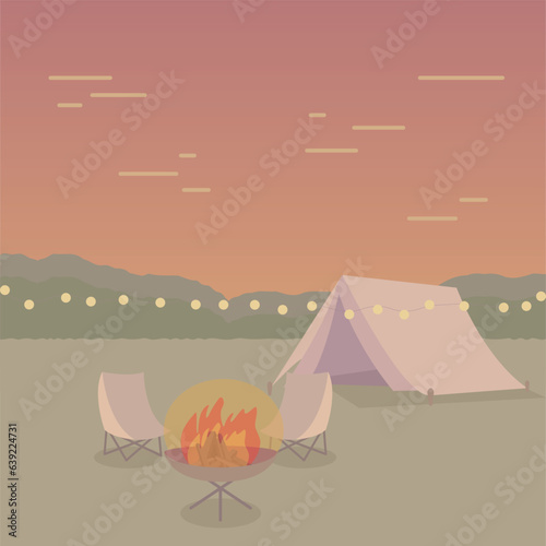Evening Camping Tent Bonfire Vector Illustration