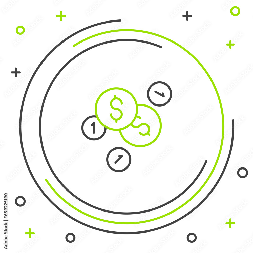 Line Coin money with dollar symbol icon isolated on white background. Banking currency sign. Cash symbol. Colorful outline concept. Vector Line Coin money with dollar symbol icon isolated on white background. Banking currency sign. Cash symbol. Colorful outline concept. Vector