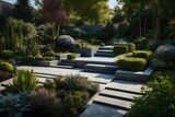 outdoor garden with minimalist landscaping, natural stone pathways, and water features