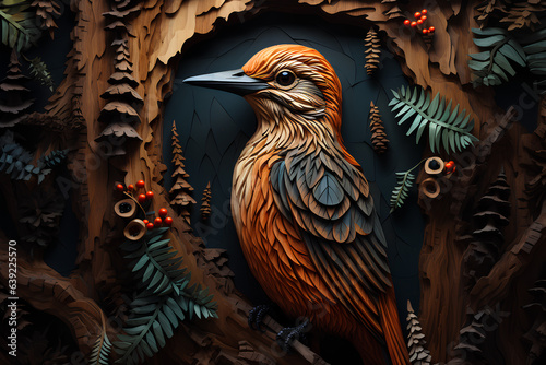 Wallpaper Mural  woodpecker on dark wooden background. Torontodigital.ca