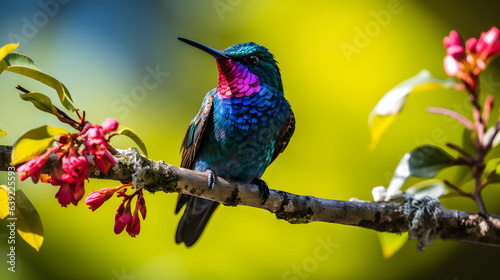 Ruby-throated Hummingbird on the branch. close up colorful bird