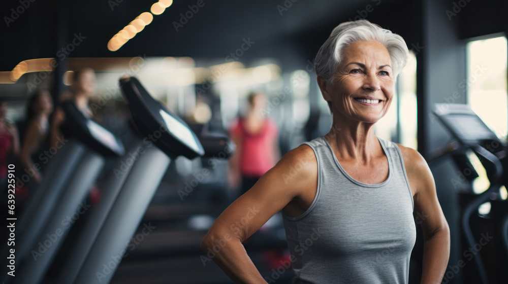 Obraz premium Say no to arthritis pain. Selective focus on a joyful woman smiling while lunging at fitness club.