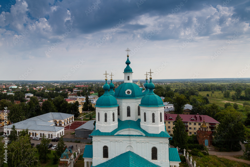 Obraz premium View of the Spassky Cathedral and the city of Yelabuga from the bell tower of the Spassky Cathedral on a sunny spring day. Yelabuga, Tatarstan, Russia