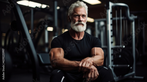 Confident old pensioner is spending time in gym