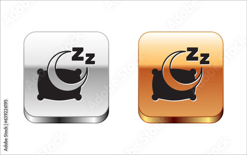 Black Time to sleep icon isolated on white background. Sleepy zzz. Healthy lifestyle. Silver and gold square buttons. Vector