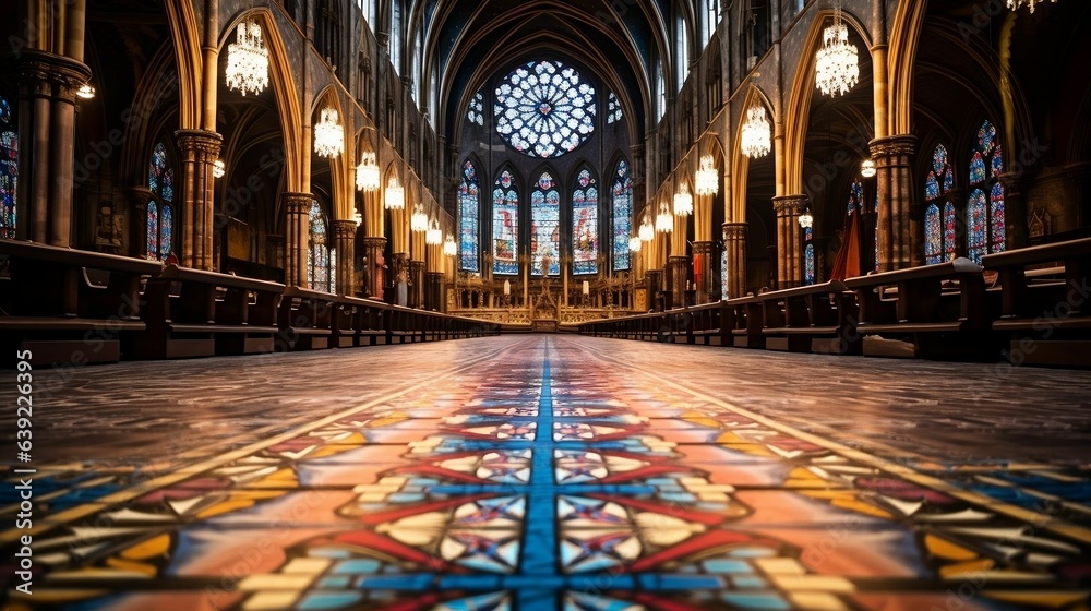 Obraz premium Intricate stained glass window casts colorful patterns on cathedral floor